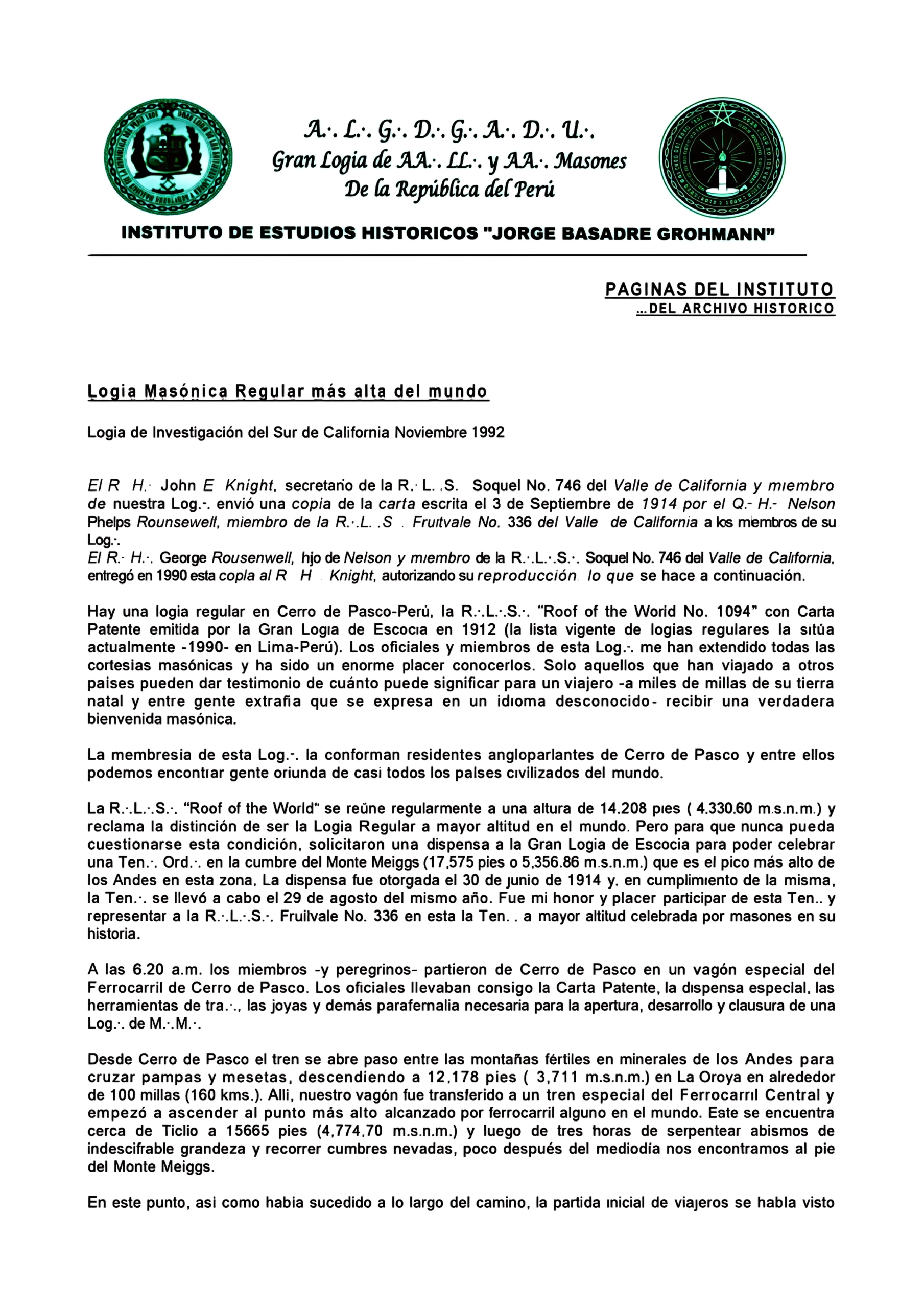 Documento histórico que da cuenta de una Logia que trabaja a miles de metros sobre el nivel del mar.