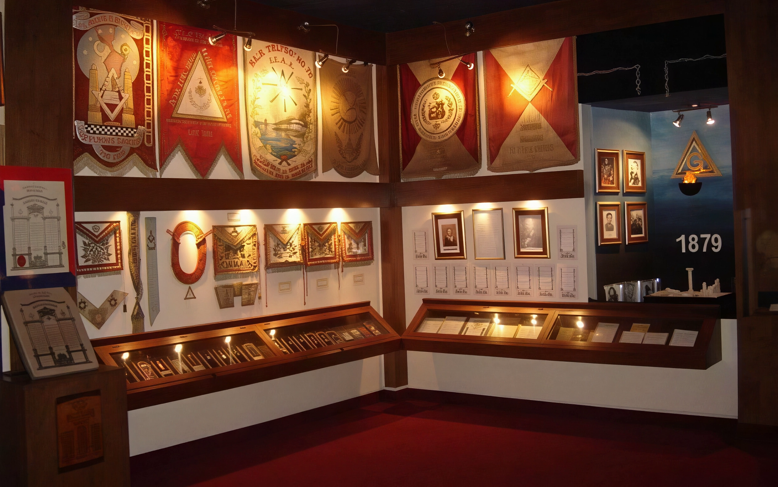  La nueva sala principal del Museo Masónico: contiene los últimos estandartes, medallas masónicas de diversas partes del mundo, enseres y alegorías de la difusión de la Masonería.