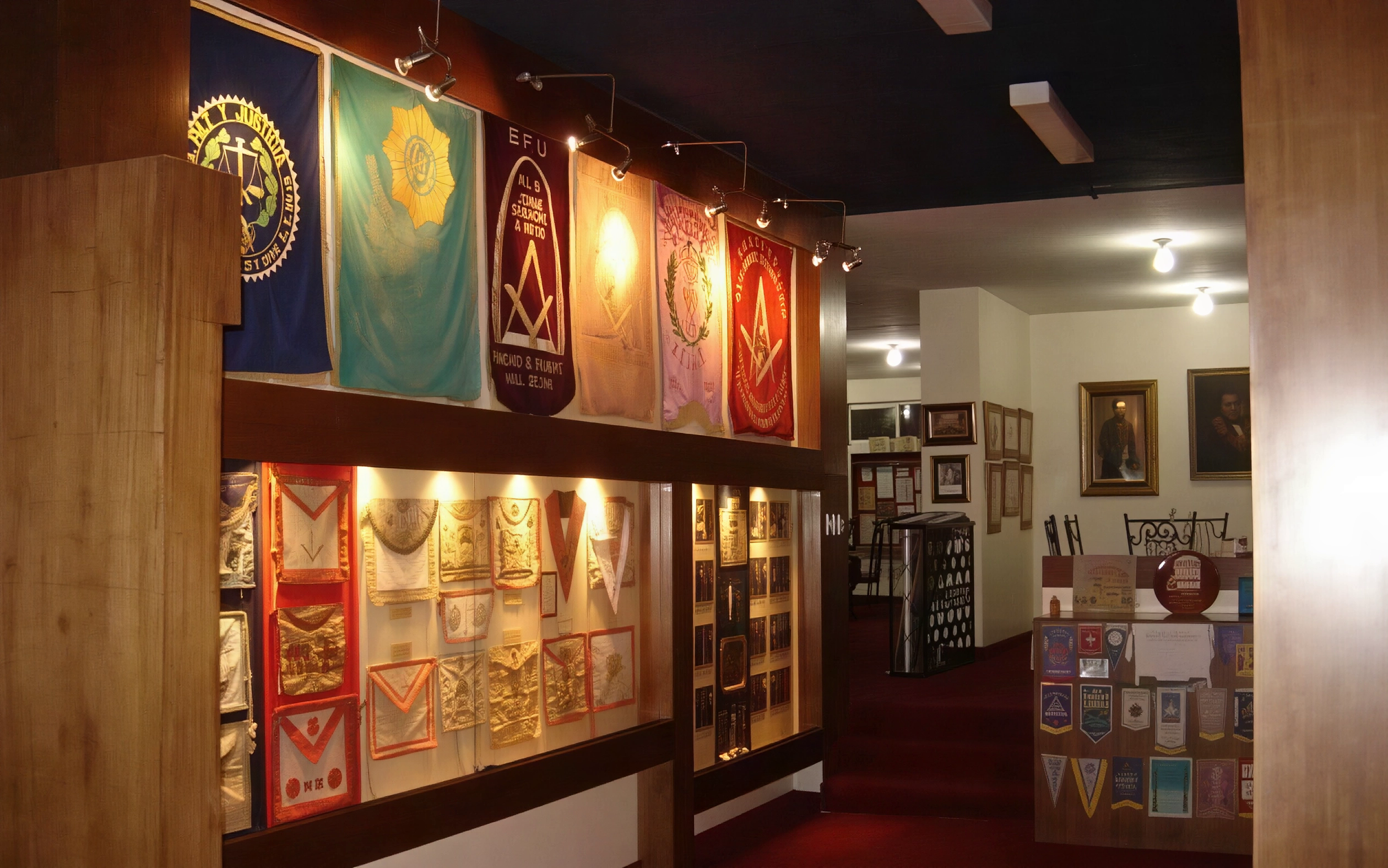 La nueva sala principal del Museo Masónico con estandartes de Logias de reciente formación, mandiles y collares usados en los siglos XIX y XX.