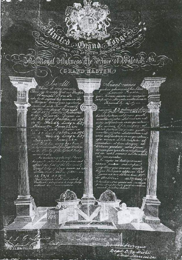 Antigua copia fotostática del Diploma de Maestro Masón del Coronel Leoncio Prado, Mártir de la Battalla de Huamachuco, emitido por Friendly Lodge Nº 239 el 23 de octubre de 1876 E.·.V.·., en Kingston, Jamaica.